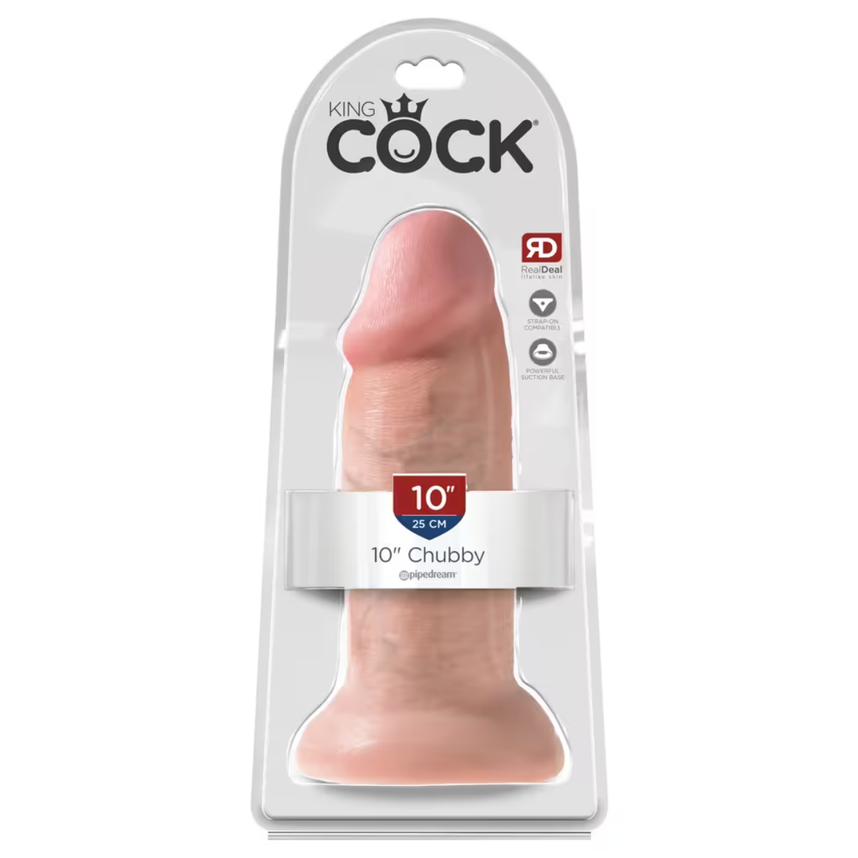 Ein fleischfarbener Dildo in einer transparenten Kunststoffverpackung. Text enthält 'King Cock', '10" Chubby' und Merkmale wie 'RealDeal'.