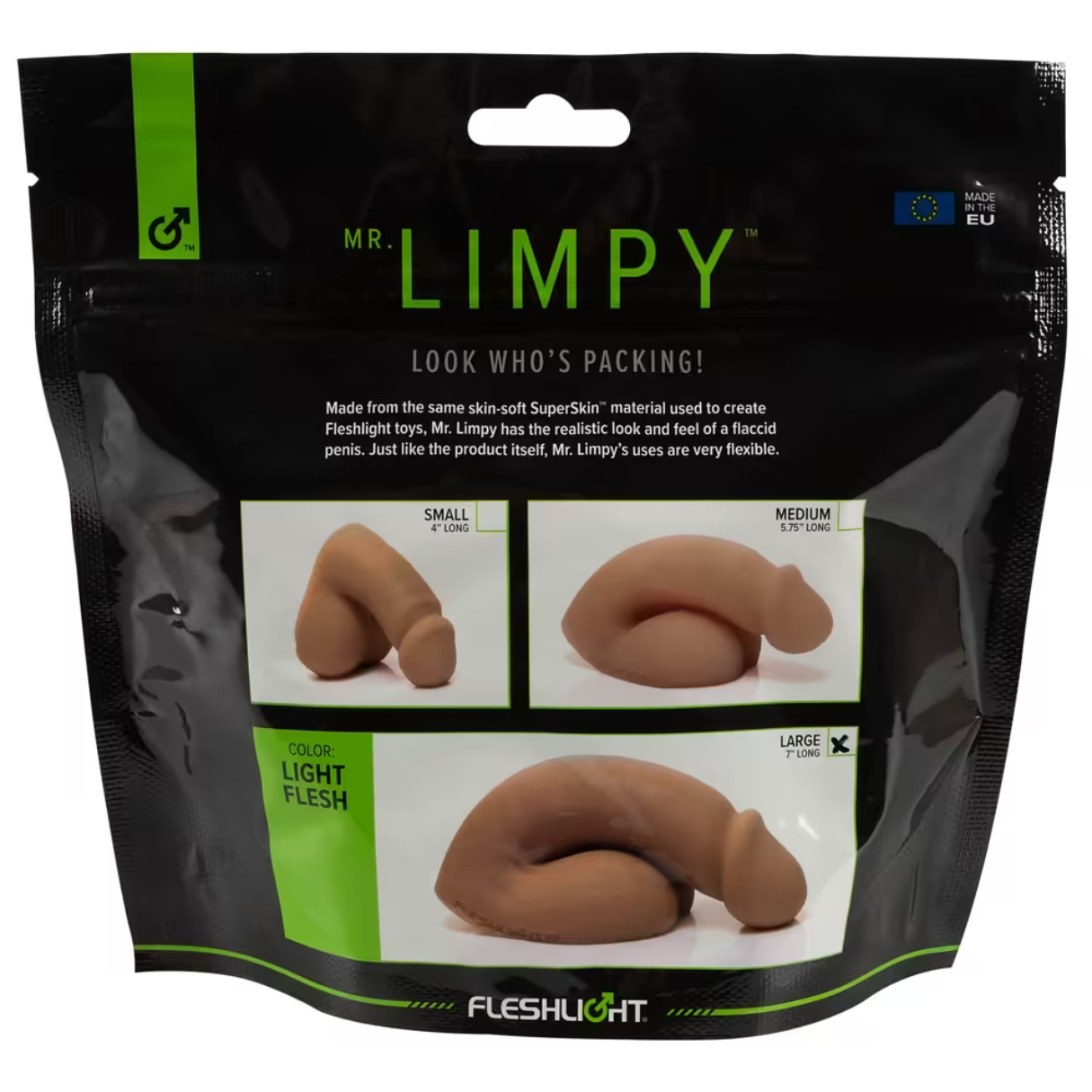 Eine schwarze Verpackung mit drei Bildern von fleischfarbenen, schlaffen Penistoys. Text enthält 'Mr. Limpy' und 'Fleshlight'.