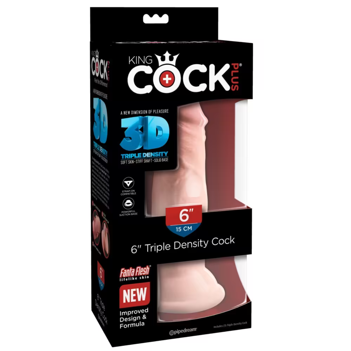 Produktbox für ein Sexspielzeug. Es zeigt einen rosa Dildo. Der Text enthält "King Cock", "Triple Density" und "6 Zoll".
