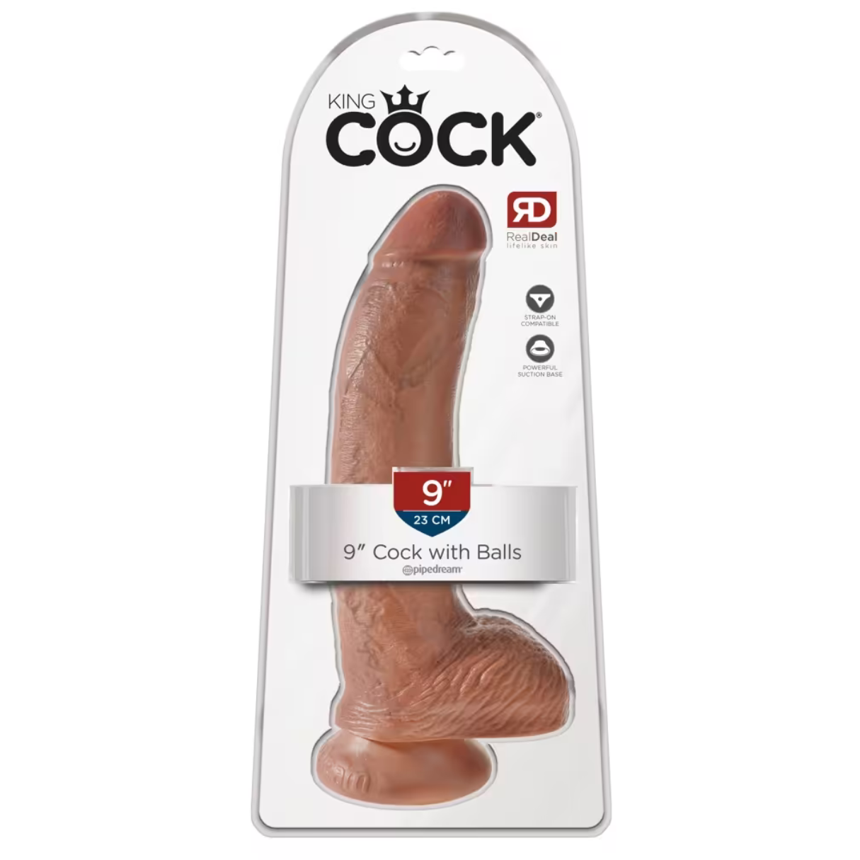 Ein verpackter, fleischfarbener Dildo mit dem Text "KING COCK" auf der Vorderseite. Er ist mit "9" und dem Text "9" Cock with Balls" beschriftet.