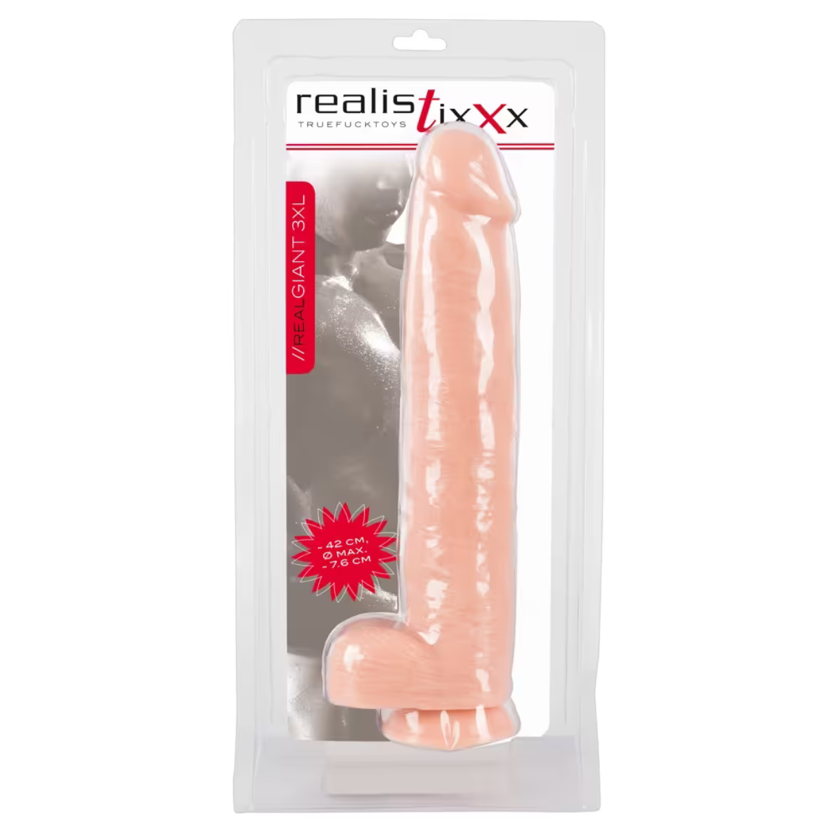 Verpackung mit einem realistischen Penis-förmigen Spielzeug. Das Produkt ist rosa und in einer Klarsichthülle.