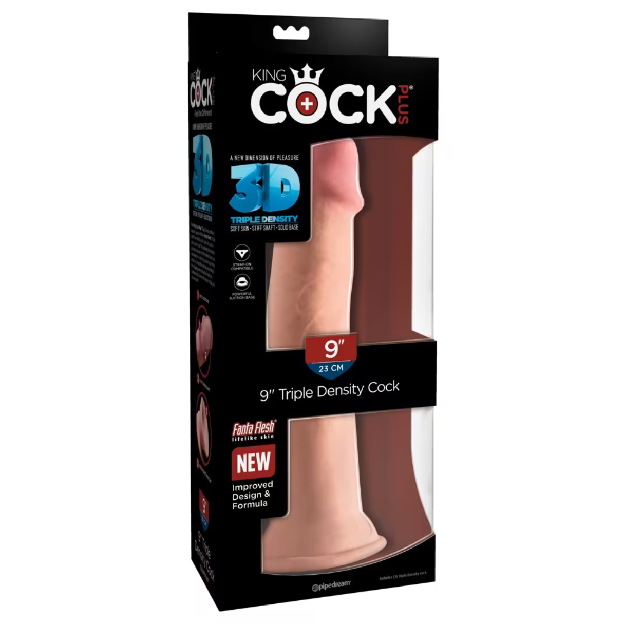 Verpacktes Sexspielzeug. Es ist ein fleischfarbener Dildo mit einer schwarz-roten Schachtel. Auf der Schachtel steht 'King Cock' und '9" Triple Density Cock'.