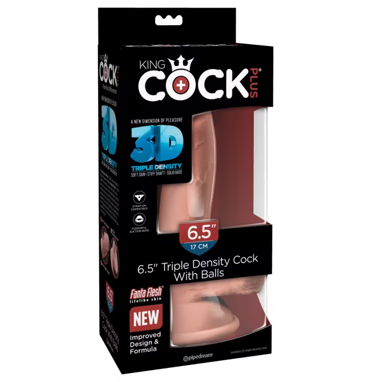 Caja de producto para un juguete sexual. La caja es negra con texto blanco y rojo, y una ventana transparente.