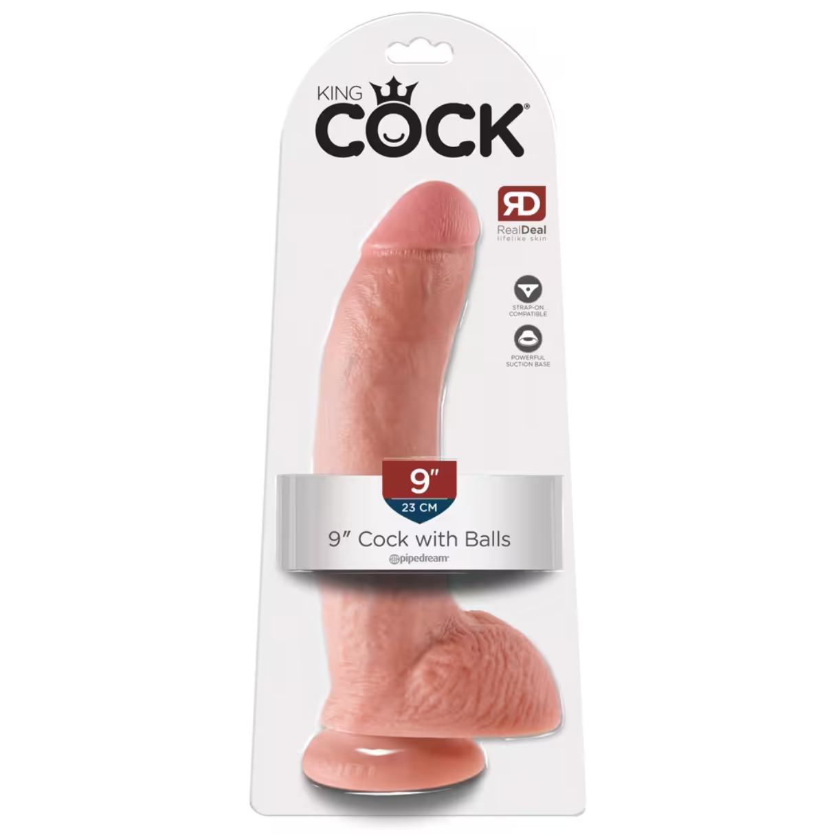 Ein verpackter, fleischfarbener 9-Zoll-Dildo mit Saugfuß. Die Verpackung trägt die Aufschrift 'King Cock' und 'RealDeal lifelike skin'.