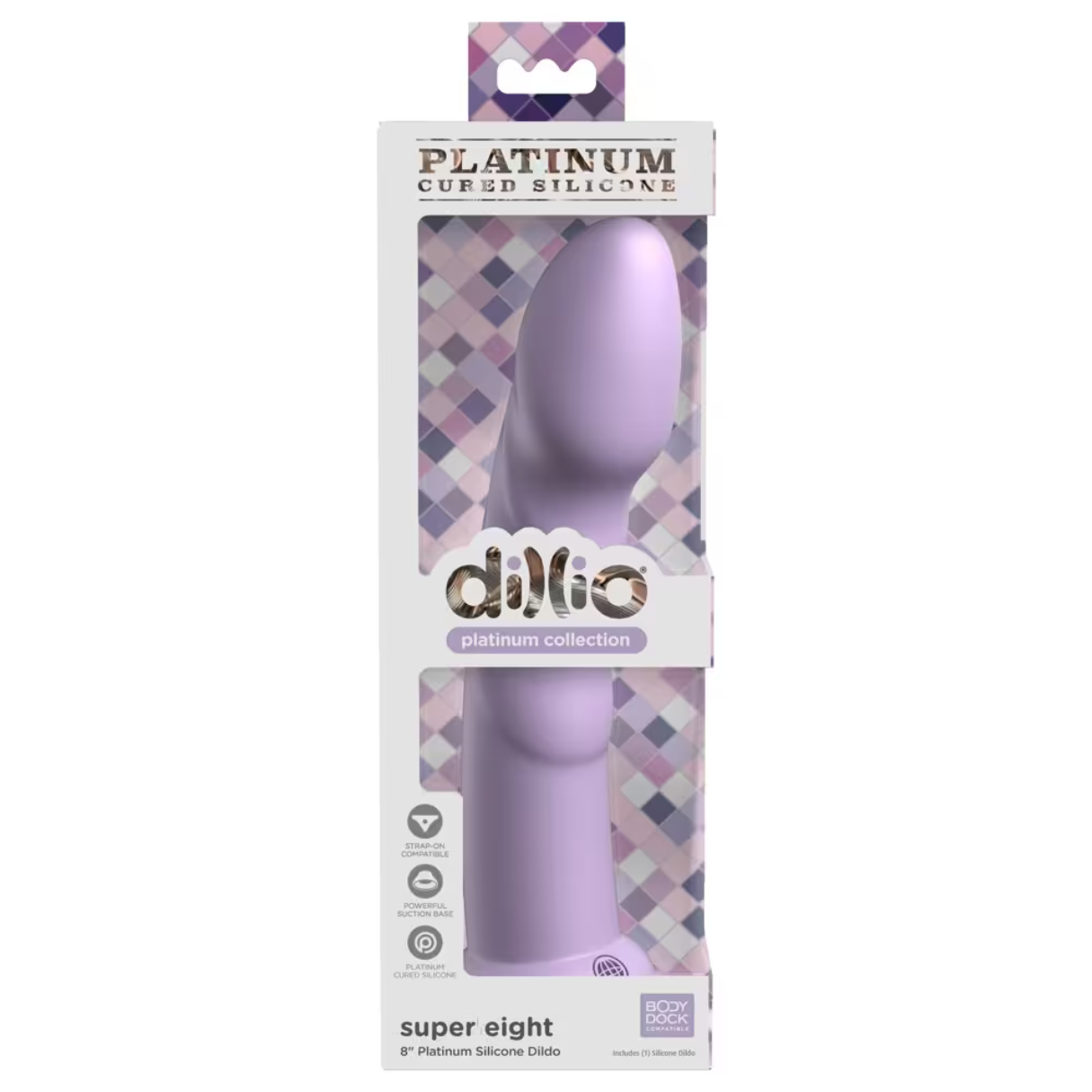 Ein lila Dildo in einer Verpackung. Die Verpackung trägt den Markennamen und Produktinformationen.