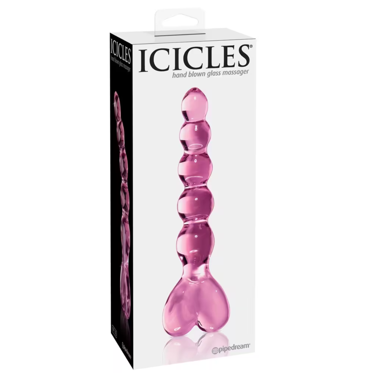 Pinkfarbener Glasmassager in einer weißen Box. Auf der Box steht 'ICICLES' und 'hand blown glass massager'.