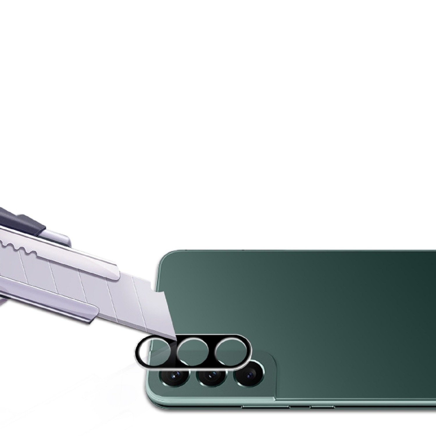 Cutter löst Handy-Kamera-Objektivschutz von grünem Telefon ab.