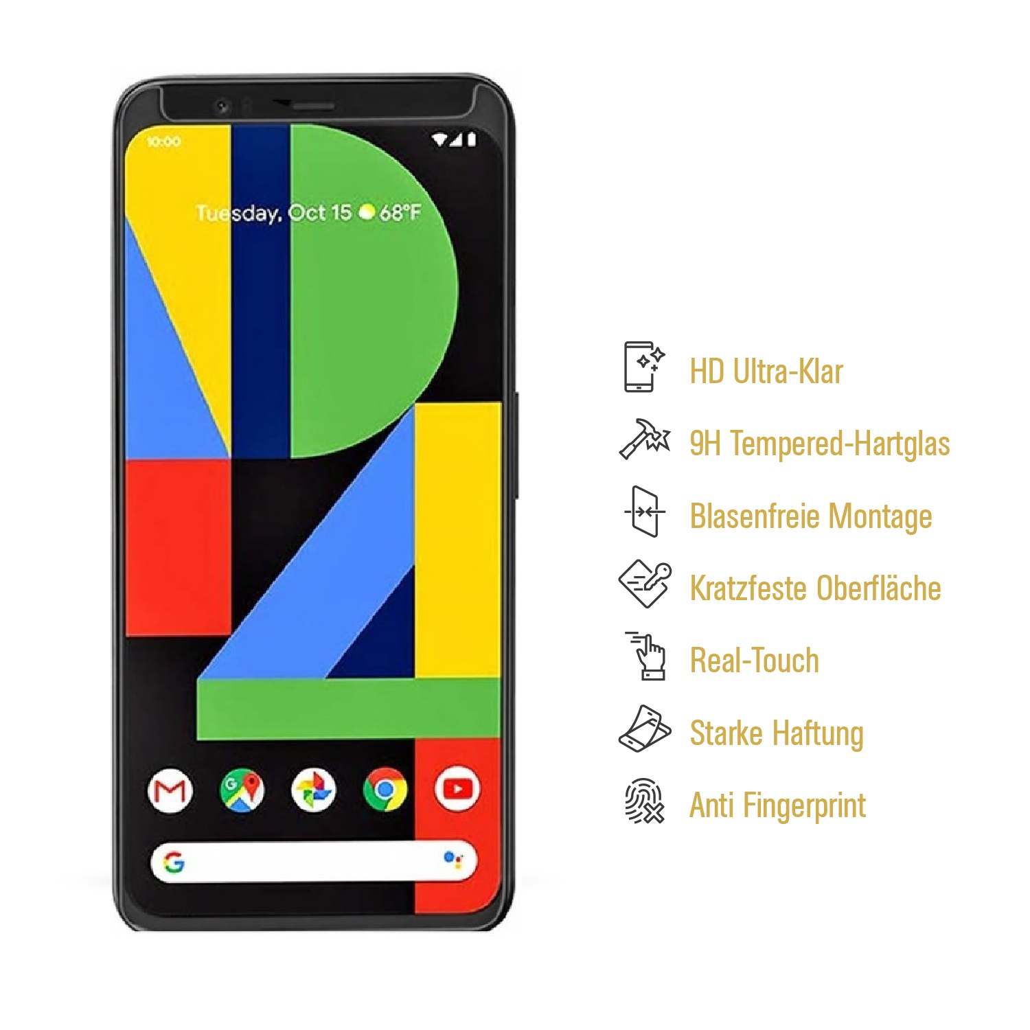 Ein Smartphone, das ein farbenfrohes geometrisches Design auf dem Bildschirm mit Text rechts zeigt.