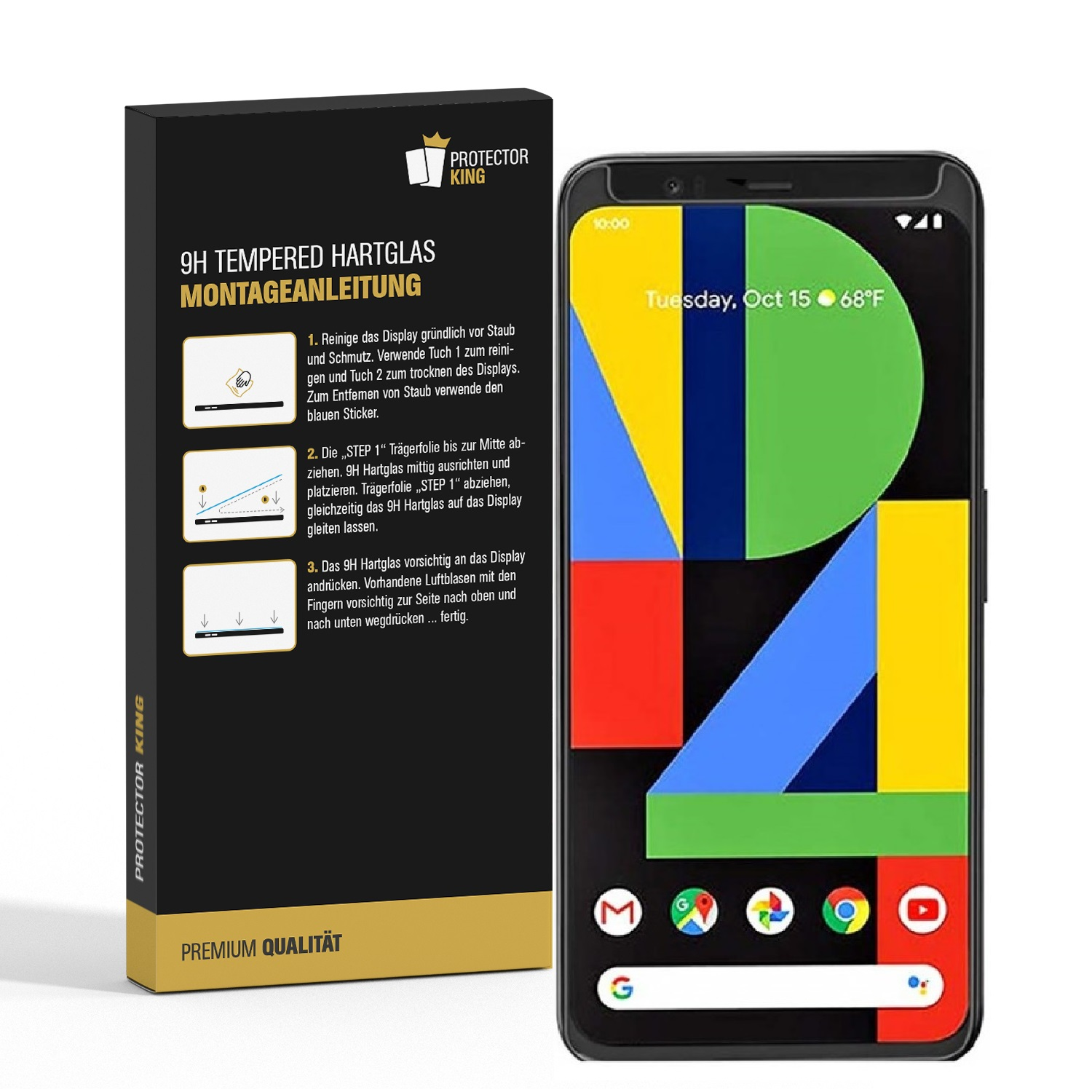 Telefon mit Displayschutzbox. Telefon zeigt Datum und Uhrzeit. Die Box ist schwarz.
