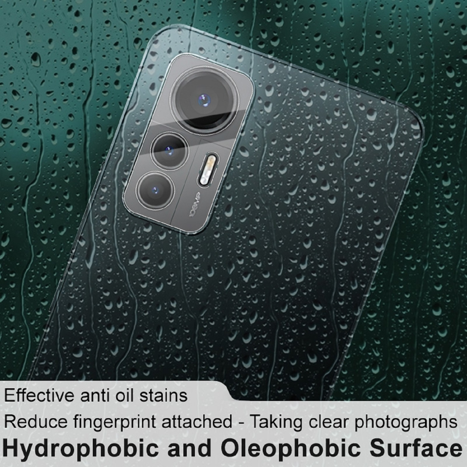Handy-Bildschirmschutz mit Wassertropfen. Der Text lautet: 'Hydrophobe und oleophobe Oberfläche'.