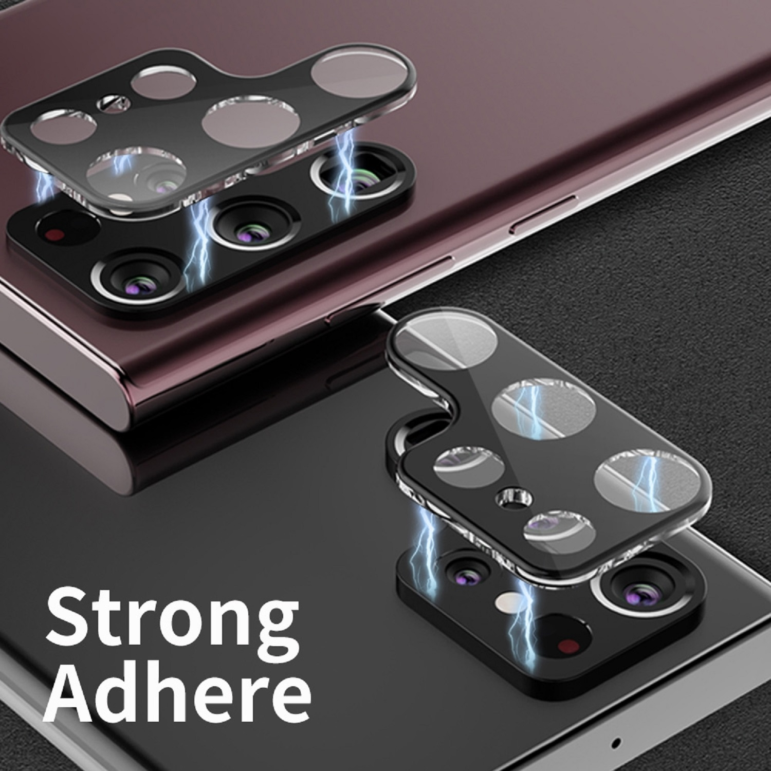 Kameraobjektivschutzfolien, die auf Smartphones installiert werden, mit dem Text "Strong Adhere".