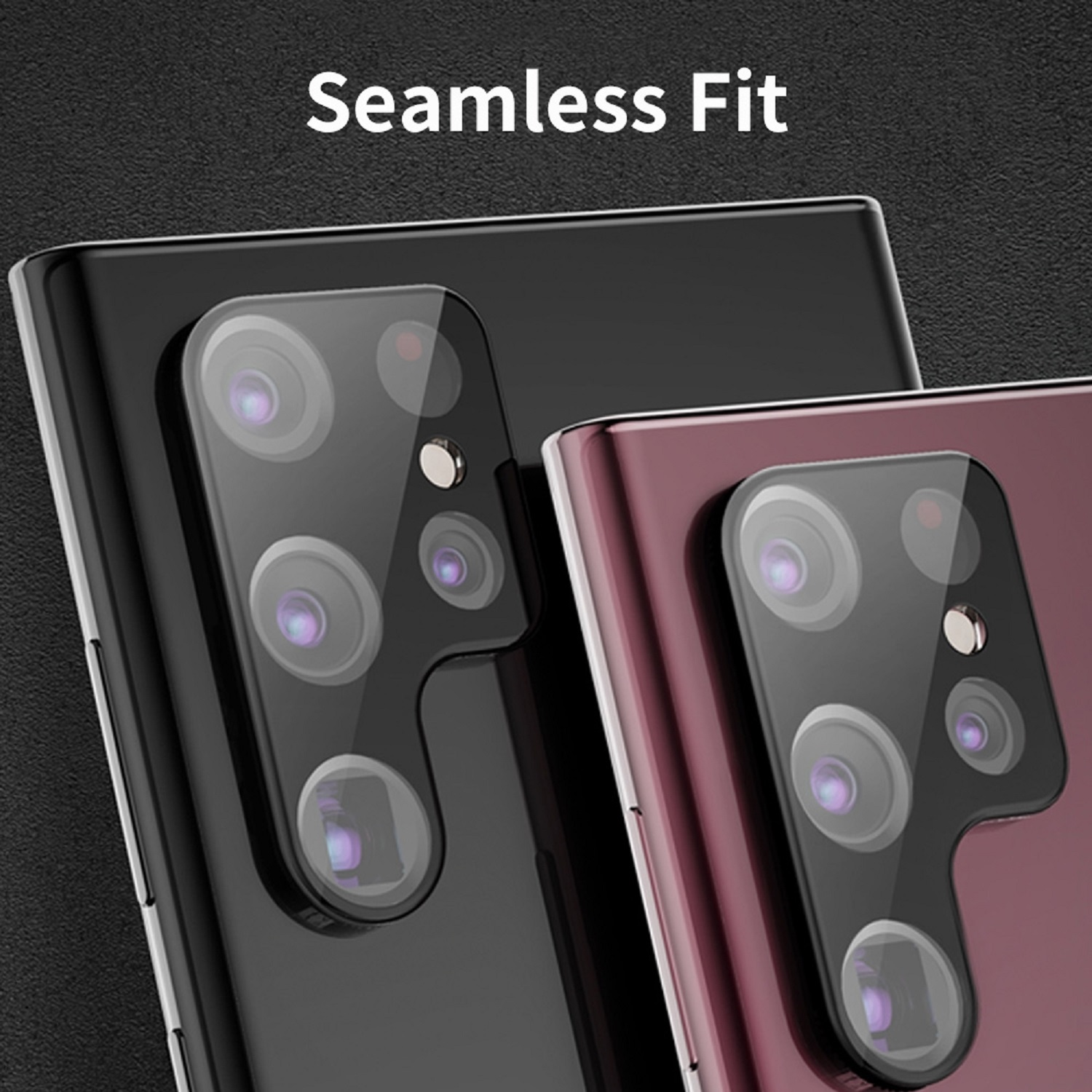 Zwei schwarze und kastanienbraune Telefone mit Kamera-Arrays, schwarzer Hintergrund.