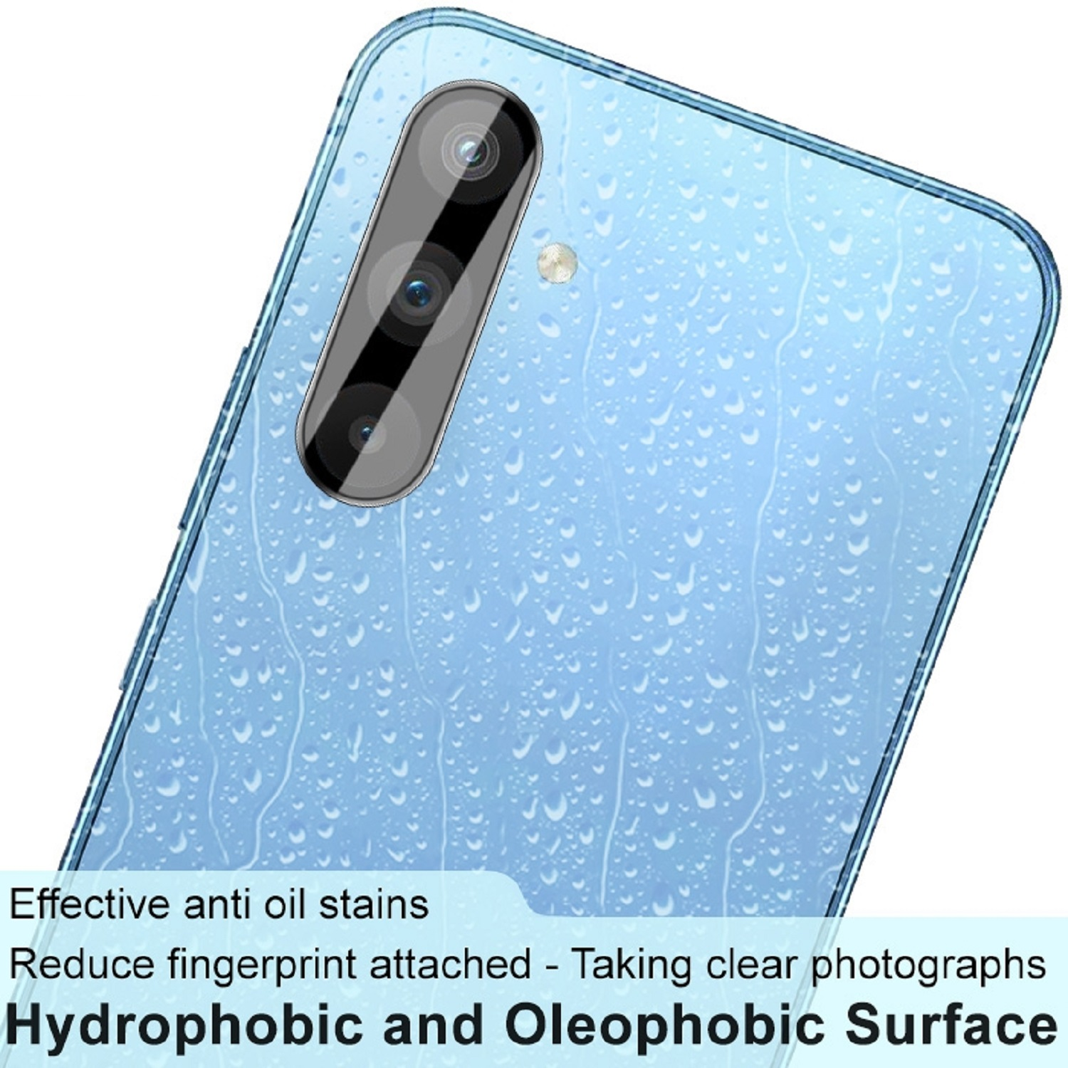 Handy-Bildschirmschutz mit Wassertropfen. Der Text lautet: 'Hydrophobe und oleophobe Oberfläche'.