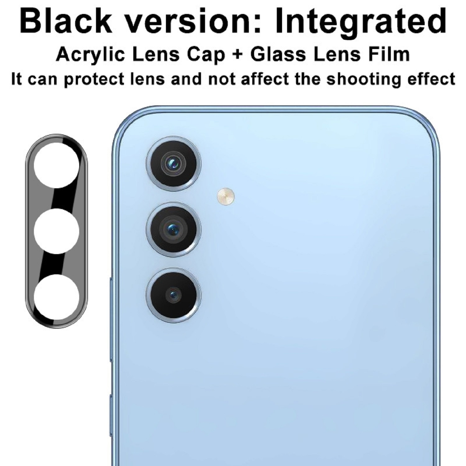 Telefon vor blauem Hintergrund, Objektivabdeckung links, drei Kameralinsen sichtbar.