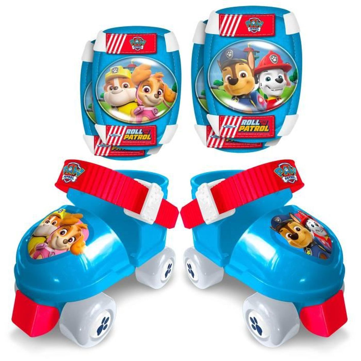 Zwei Paar blaue Paw Patrol-Rollschuhe mit Charaktergrafiken und roten Akzenten.