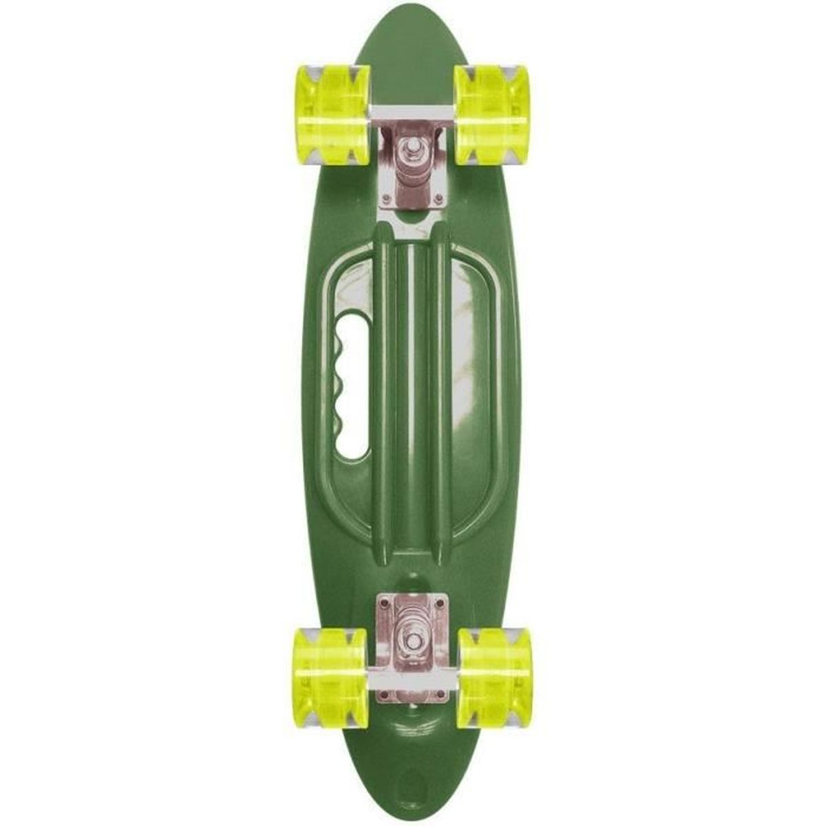 Skateboard en plastique vert avec des roues jaunes. Vue de dessus, fond blanc.