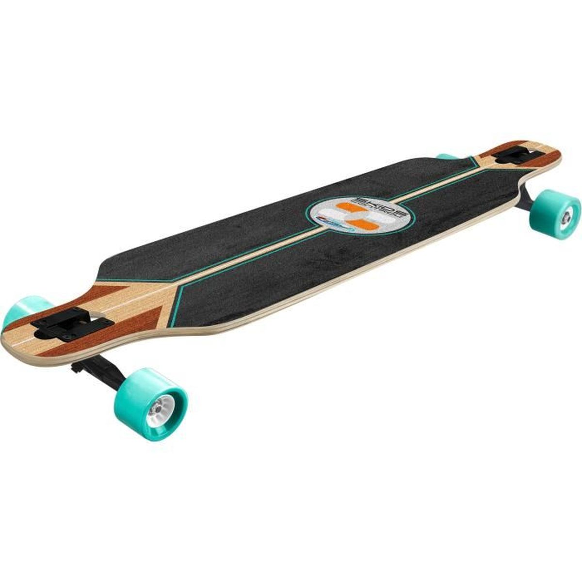 Une longboard. Elle a un dessus noir avec une bande turquoise et des roues turquoise.