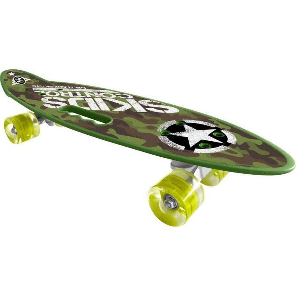 Skateboard vert et camouflage avec des roues jaunes. Le texte sur la planche est 'SKIDS CONTROL'.