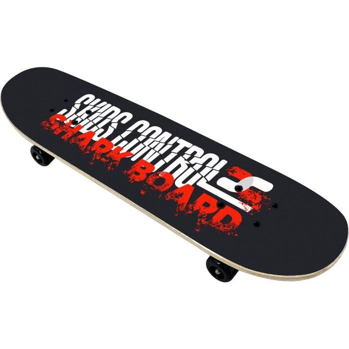 Schwarzes Skateboard mit rotem und weißem Text: SKIDS CONTROL BOARD. Vier schwarze Räder und ein schwarzes Deck.