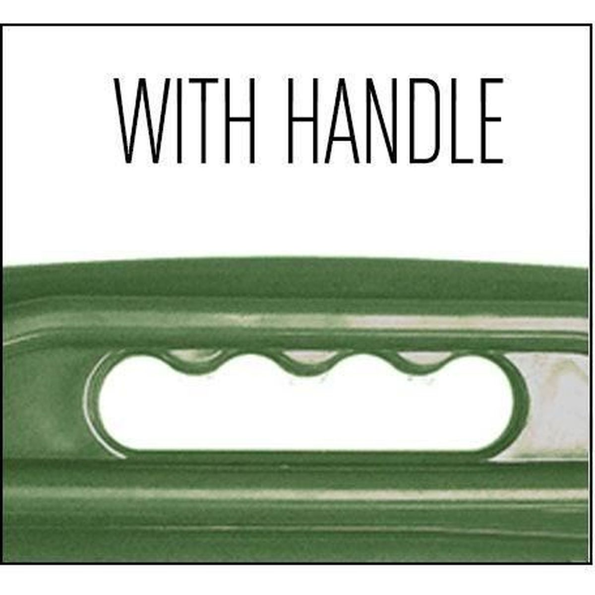 Récipient en plastique vert avec une poignée. Texte noir : 'WITH HANDLE'.