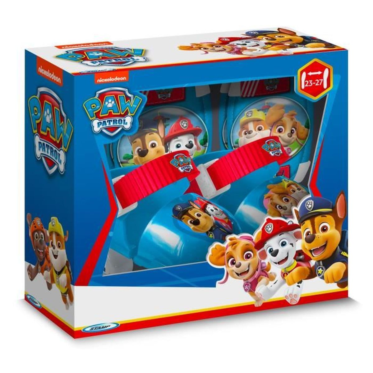 Eine Paw Patrol Spielzeugkiste mit Cartoon-Figuren. Die Box ist blau mit Bildern der Paw Patrol Welpen.