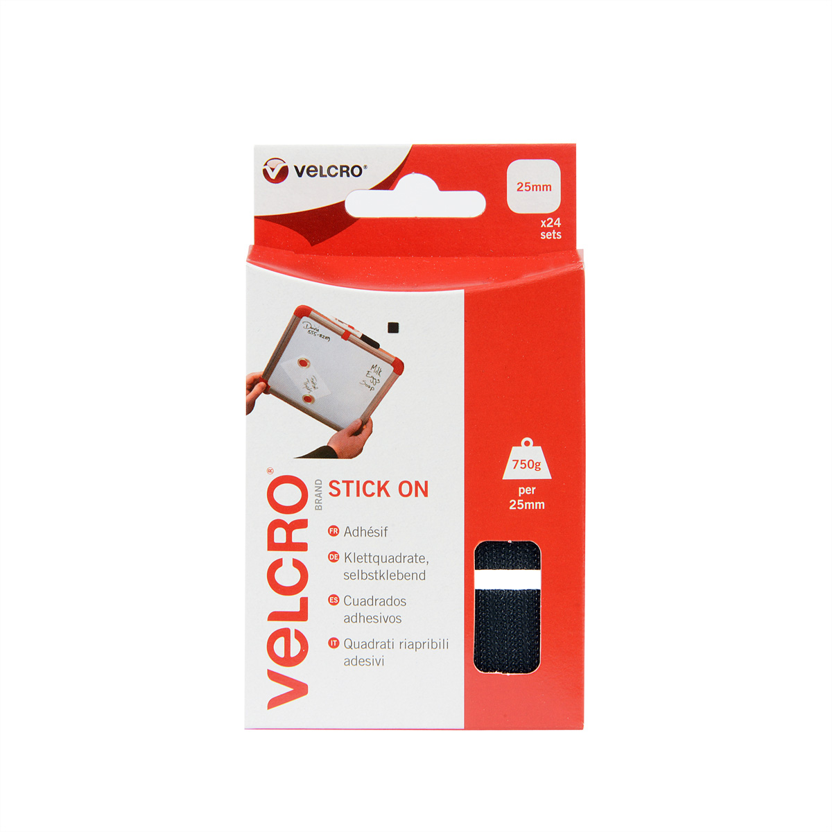Velcro-Marken-Stick-On-Set-Box mit Details.
