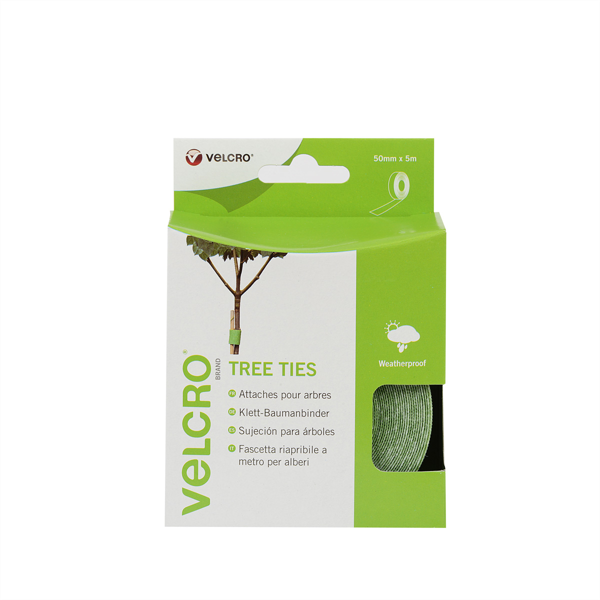 Velcro Tree Ties-Verpackung. Enthält eine Rolle grünes Klettband.