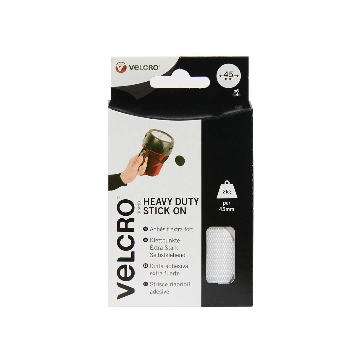 Eine schwarz-weiße Velcro-Verpackung mit einer Hand, die eine Taschenlampe hält, vor weißem Hintergrund.