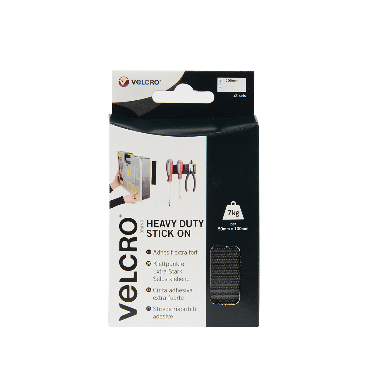 Doos met Velcro, met een zwarte strip en productbeschrijving.