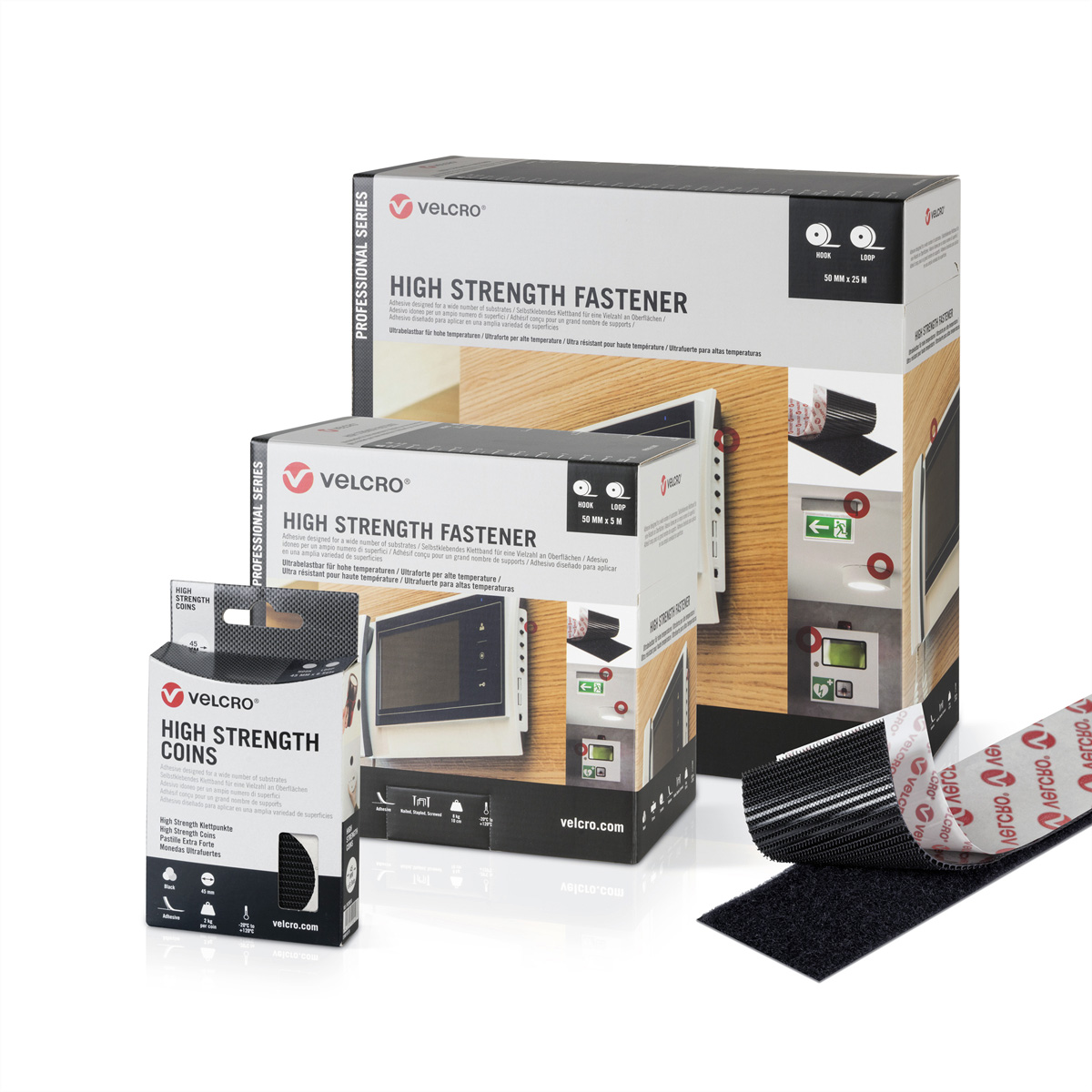Velcro-dozen met klittenbandproducten, verschillende maten.