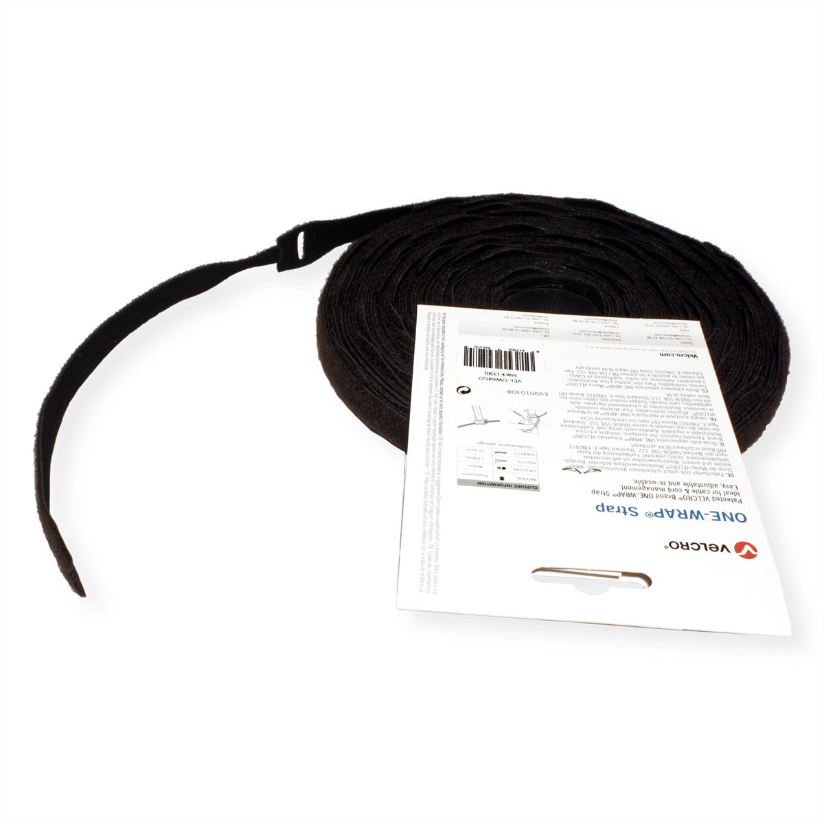 Zwarte klittenbandrol met een label. Het label toont productinformatie en branding.