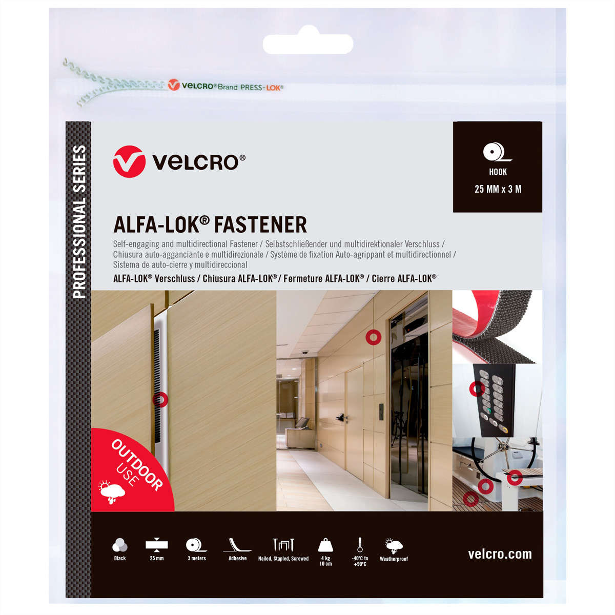Una confezione di elementi di fissaggio Velcro ALFA-LOK che mostra l'installazione su sfondo bianco.