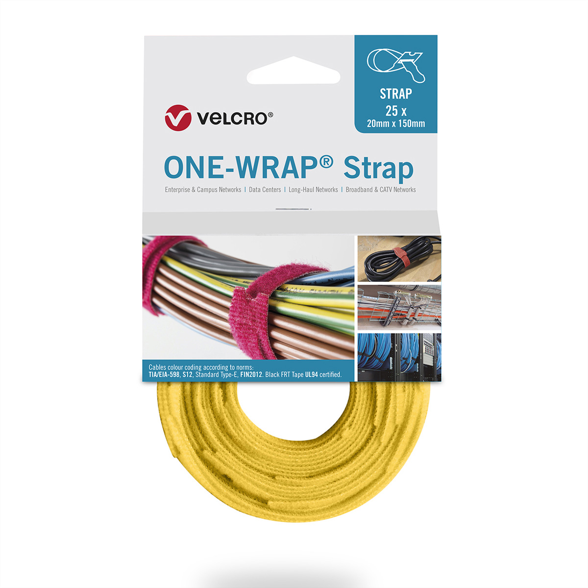 Confezione della cinghia gialla VELCRO ONE-WRAP. Mostra cinghia arrotolata e cavi.