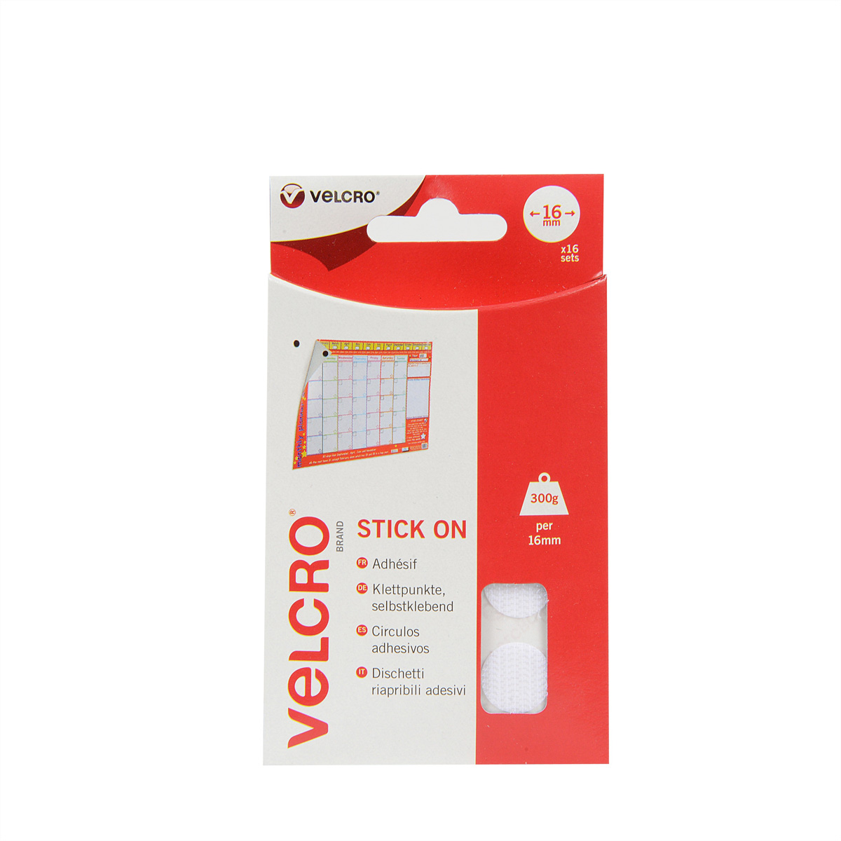 Rote und weiße Velcro-Markenverpackung. Sie zeigt selbstklebende Klettpunkte. Der Hintergrund ist weiß.