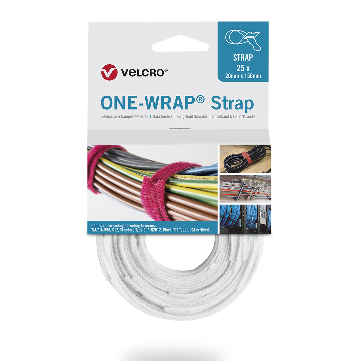 Rotolo di cinghia VELCRO ONE-WRAP bianca. Imballaggio mostra cavi fissati e dettagli tecnici.