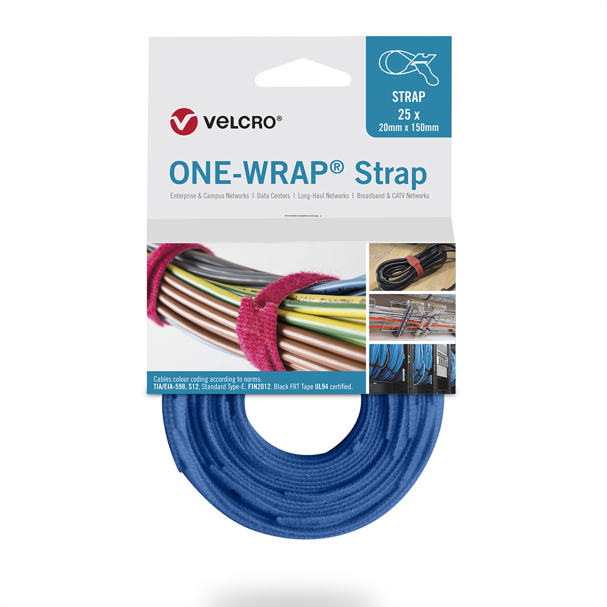 Cinturino blu Velcro ONE-WRAP su sfondo bianco. Imballaggio include immagini di utilizzo.