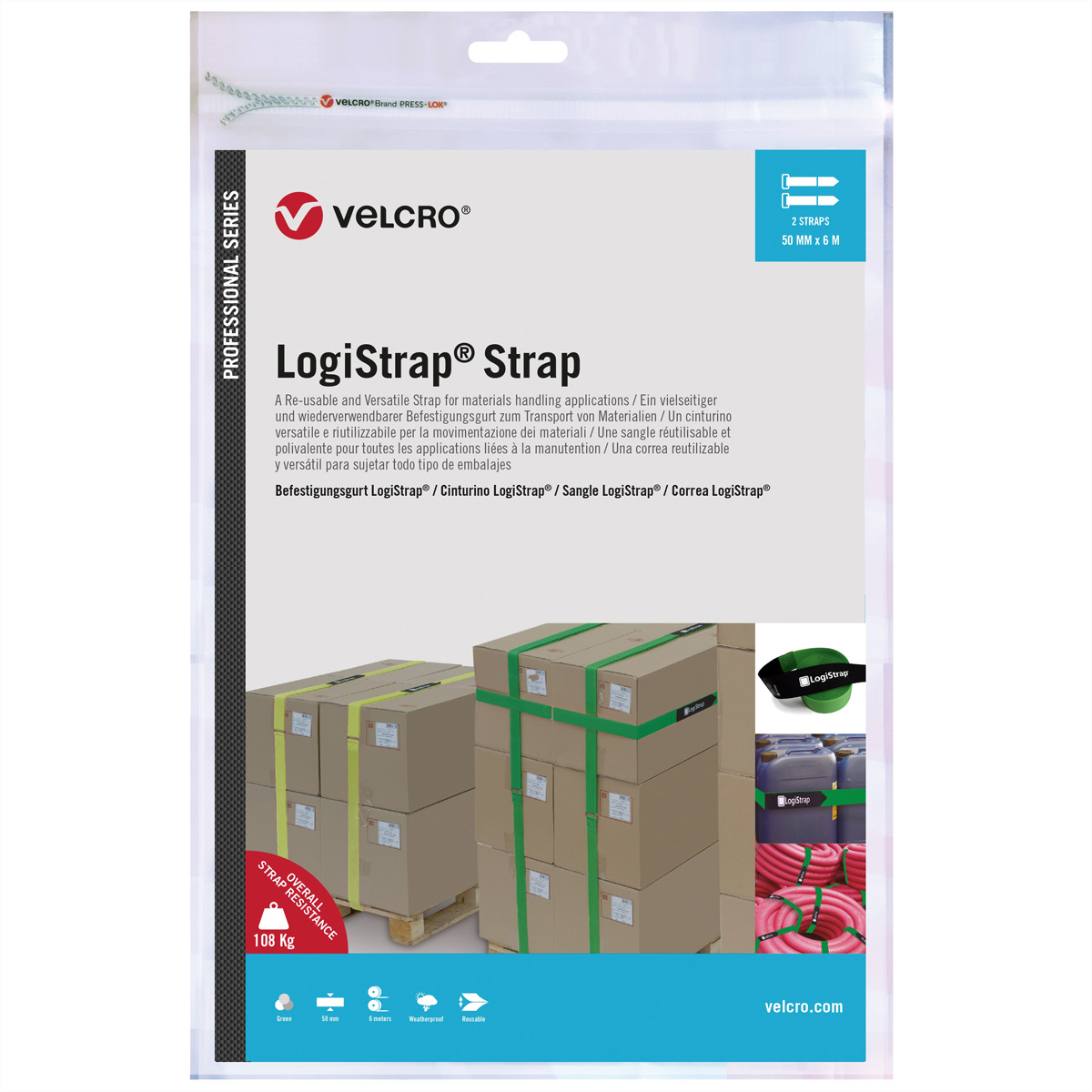 Un pacco con scatole avvolte con cinghie LogiStrap verdi, una cinghia e scatole.