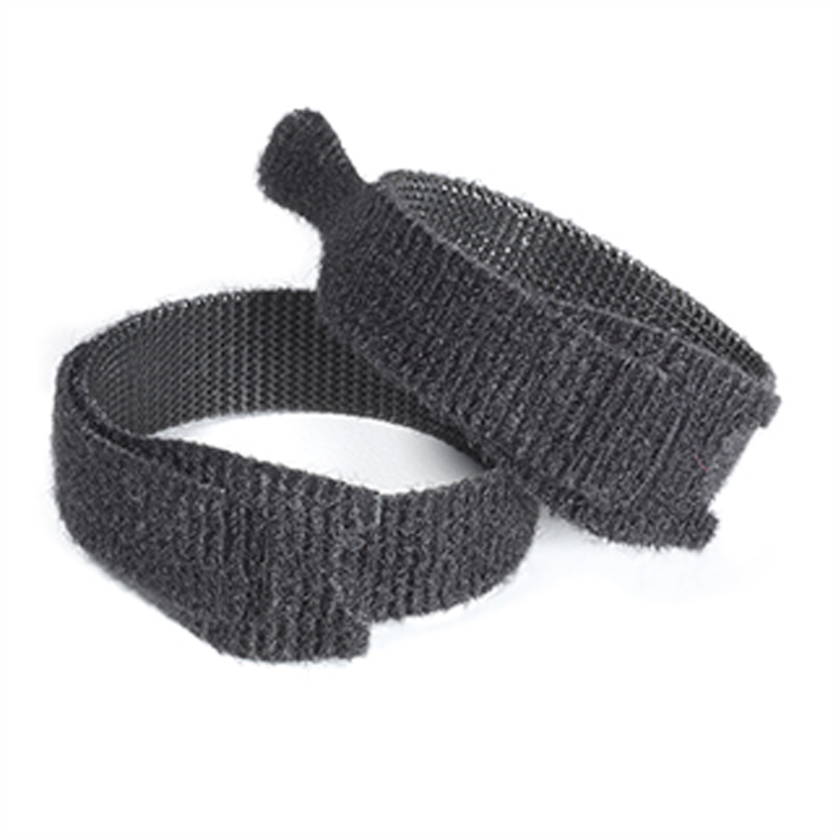 Due cinghie in velcro grigio scuro su una superficie bianca. Vengono utilizzate per raggruppare oggetti.