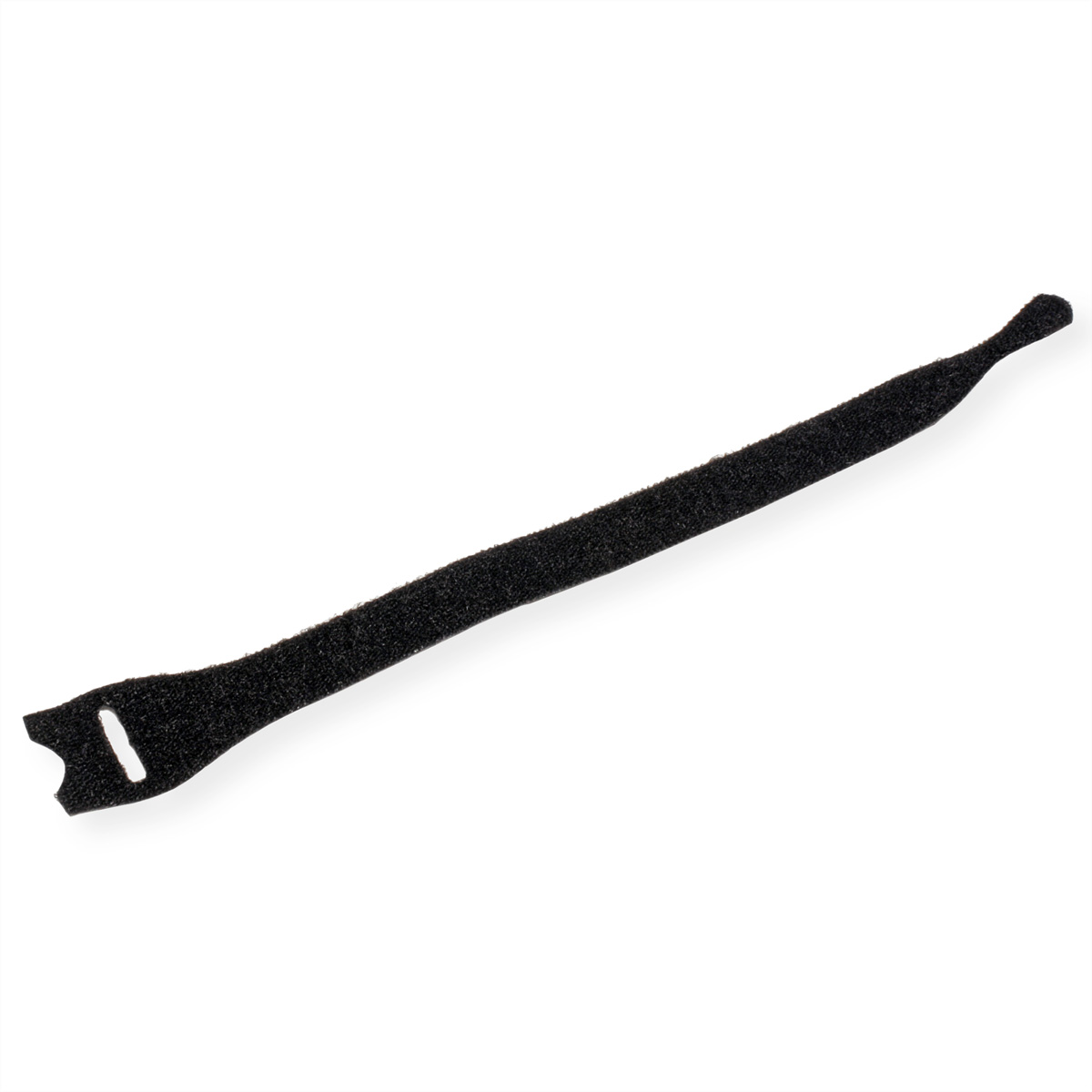 Cinturino in velcro nero su sfondo bianco. Ha un anello e un ritaglio su un'estremità.
