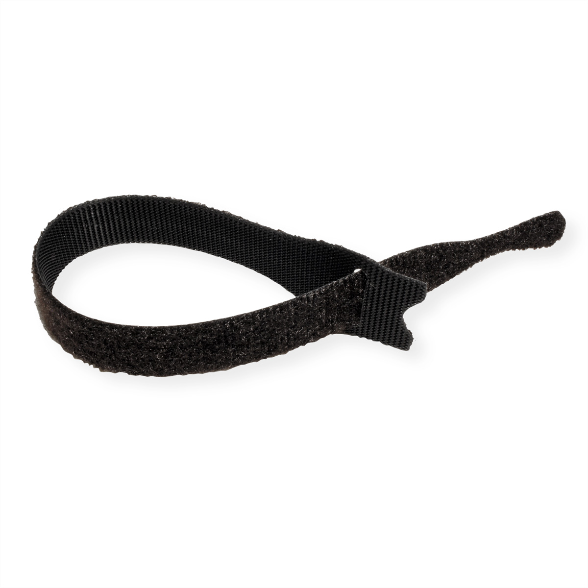 Cinturino con chiusura a strappo nero, sfondo bianco. Il cinturino è piegato e pronto all'uso.