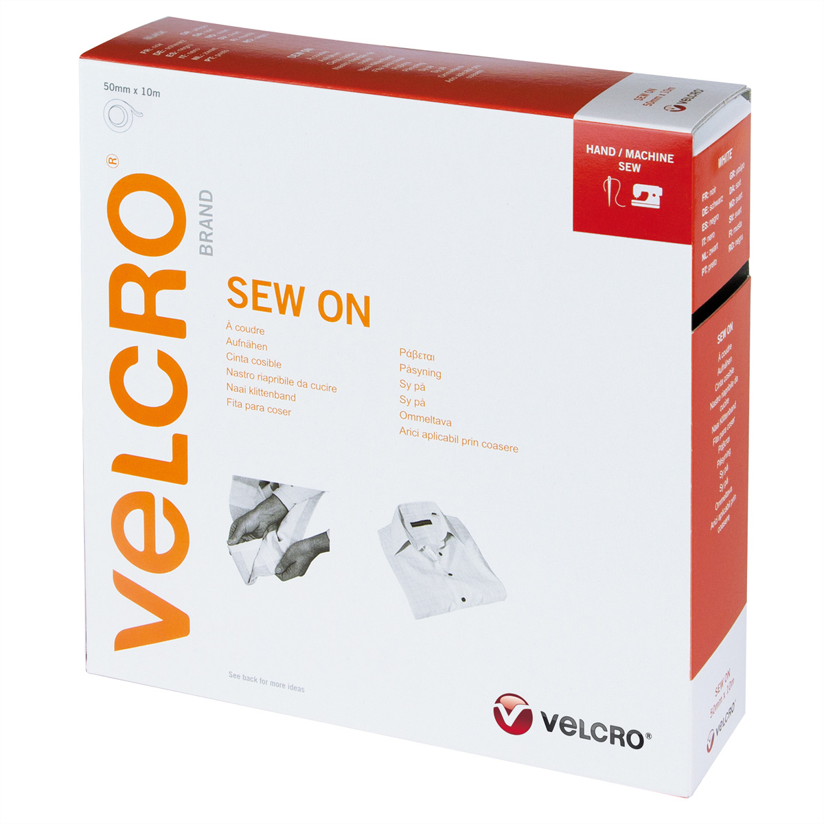 Weiße und rote Velcro-Box. Aufschrift: 'Sew On'.