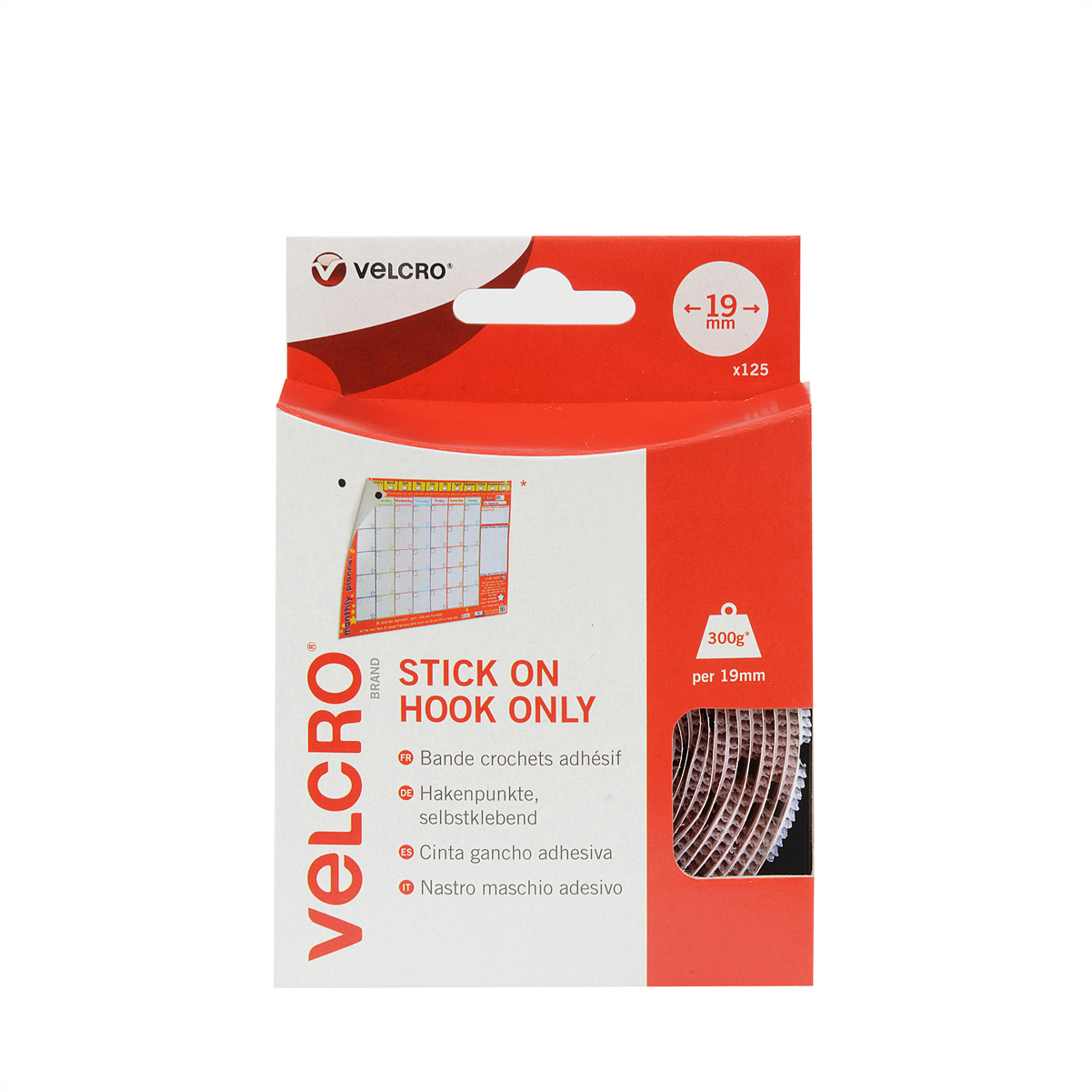 Velcro-Markenverpackung: Nur aufklebbarer Haken. Rote und weiße Box mit Produktbild und Velcro-Logo.
