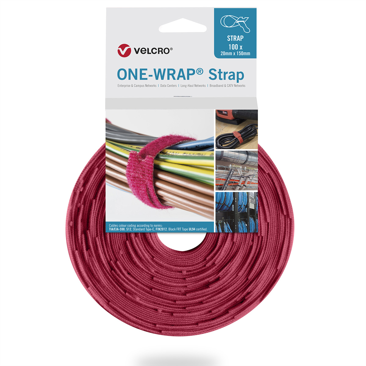 Una cinghia Velcro One-Wrap rossa con cavi, confezione e immagini.