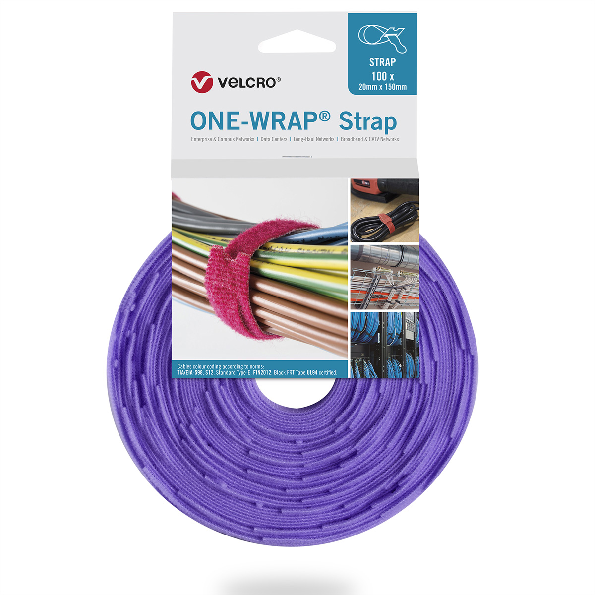Rotolo di cinturino Velcro viola con cavi ed esempi di utilizzo. Il marchio è visibile.