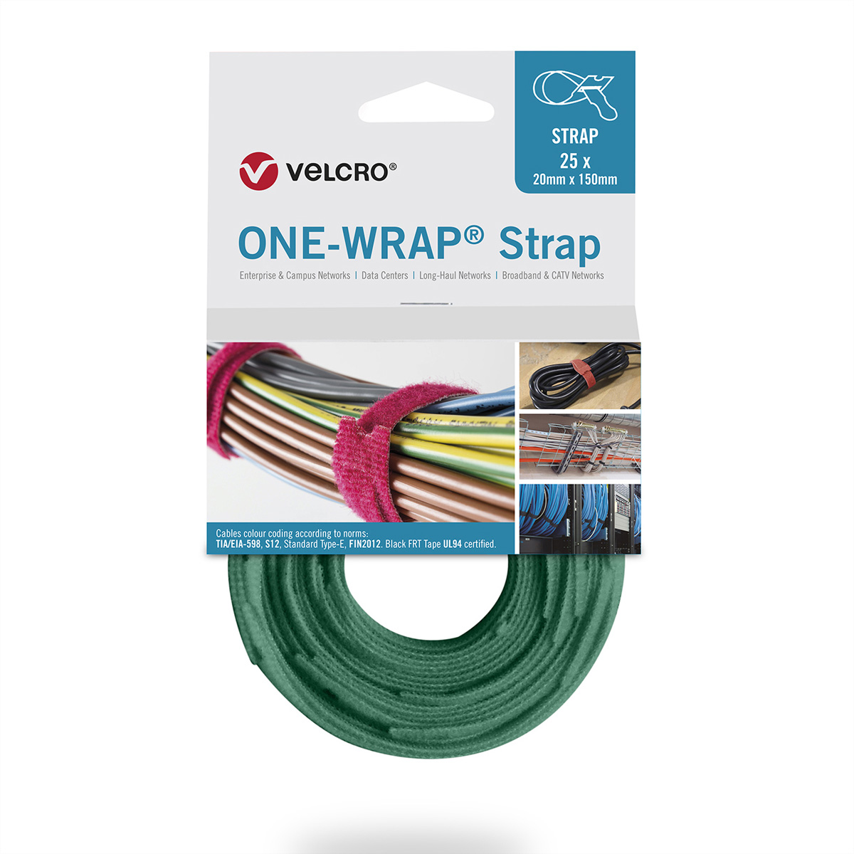 Una confezione di velcro verde, con dettagli del prodotto e immagini.