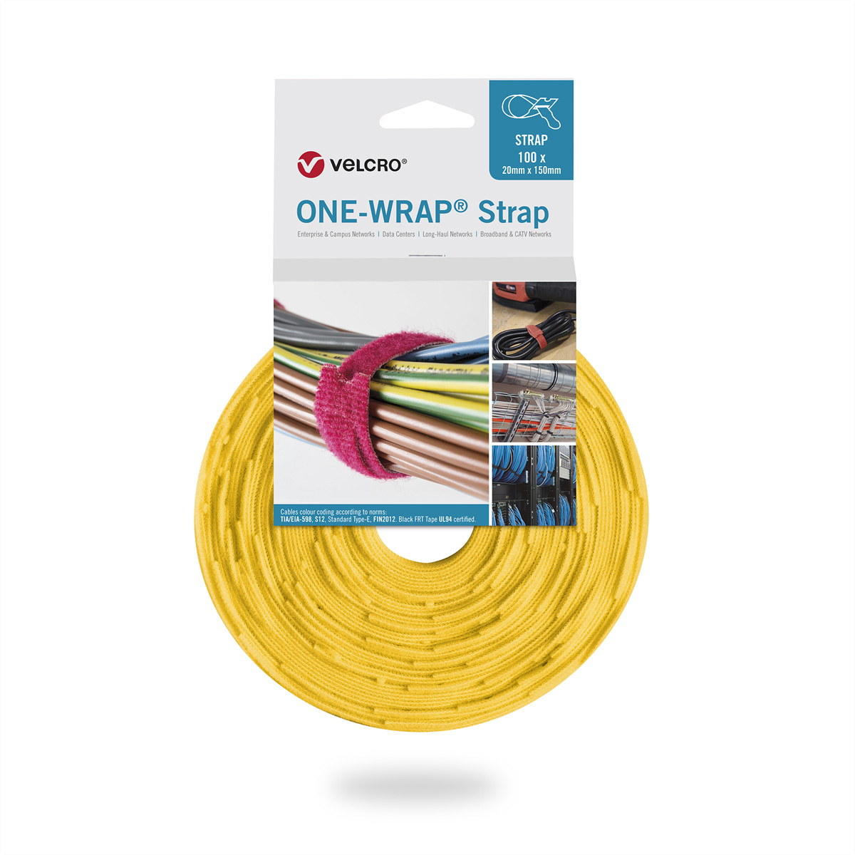 Un rotolo giallo di cinghia One-Wrap con confezione, con immagini aggiuntive.