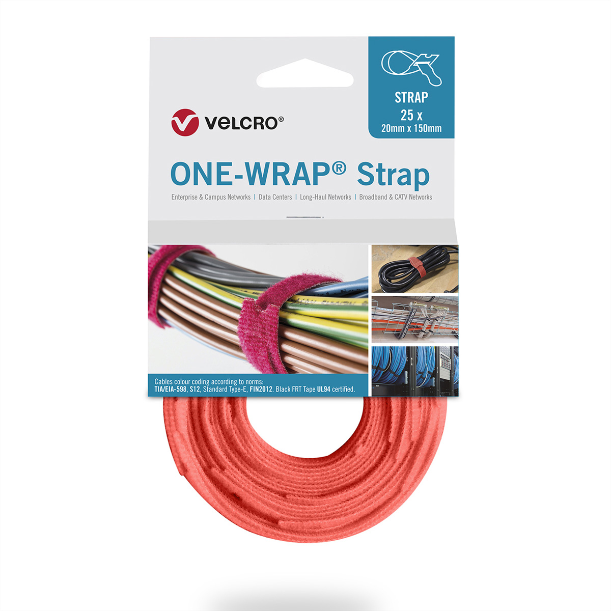 Cinturino rosso Velcro One-Wrap. La confezione mostra cavi avvolti. Sfondo bianco.