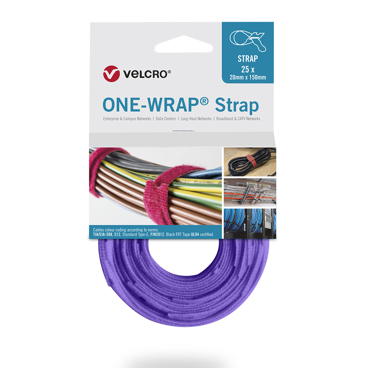 Confezione cinghia Velcro One-Wrap. Mostra la cinghia in uso, avvolta attorno ai cavi.