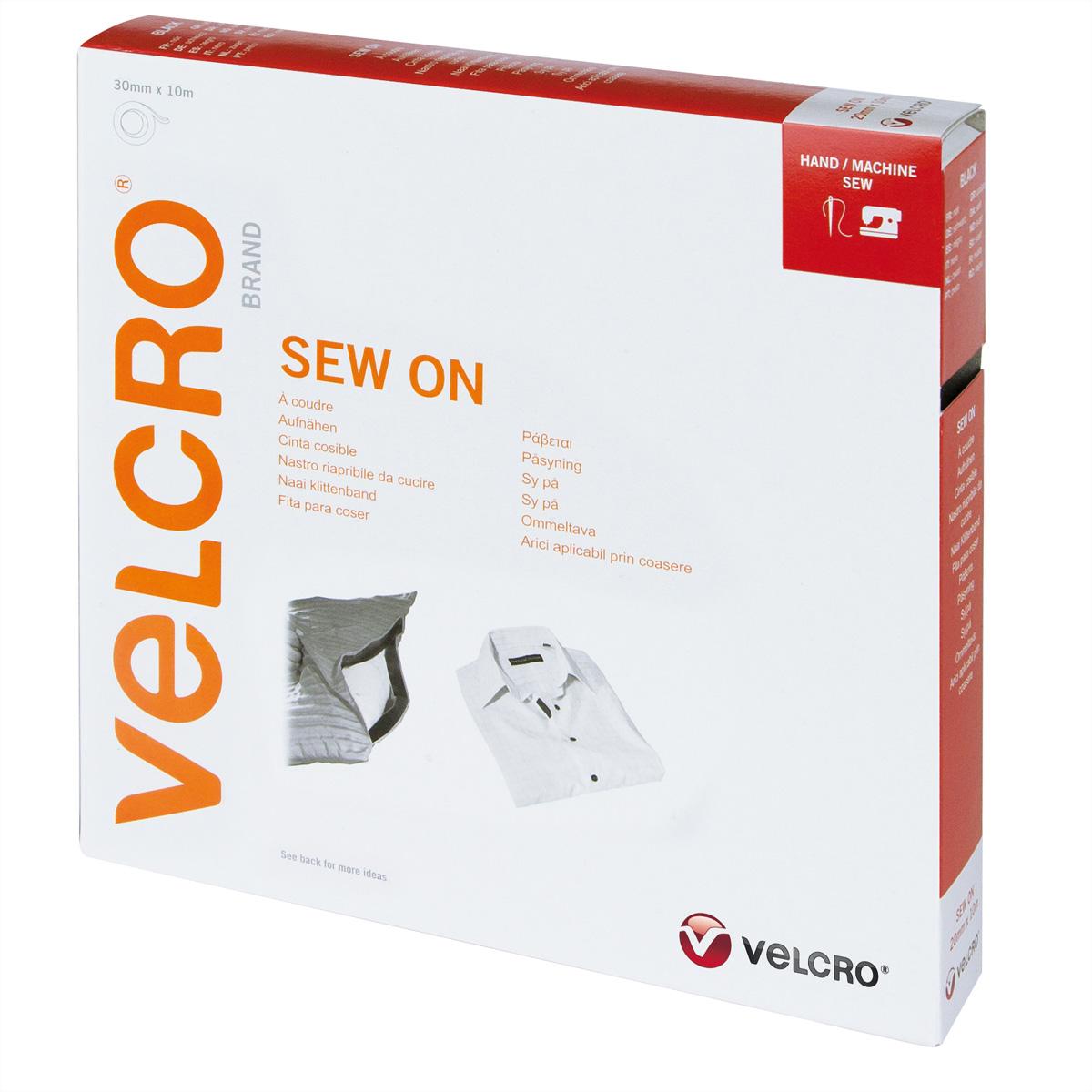 Velcro-Marke zum Aufnähen von Bandverpackungen, weiß und rot. Bilder von Nähprojekten sind auf der Box.