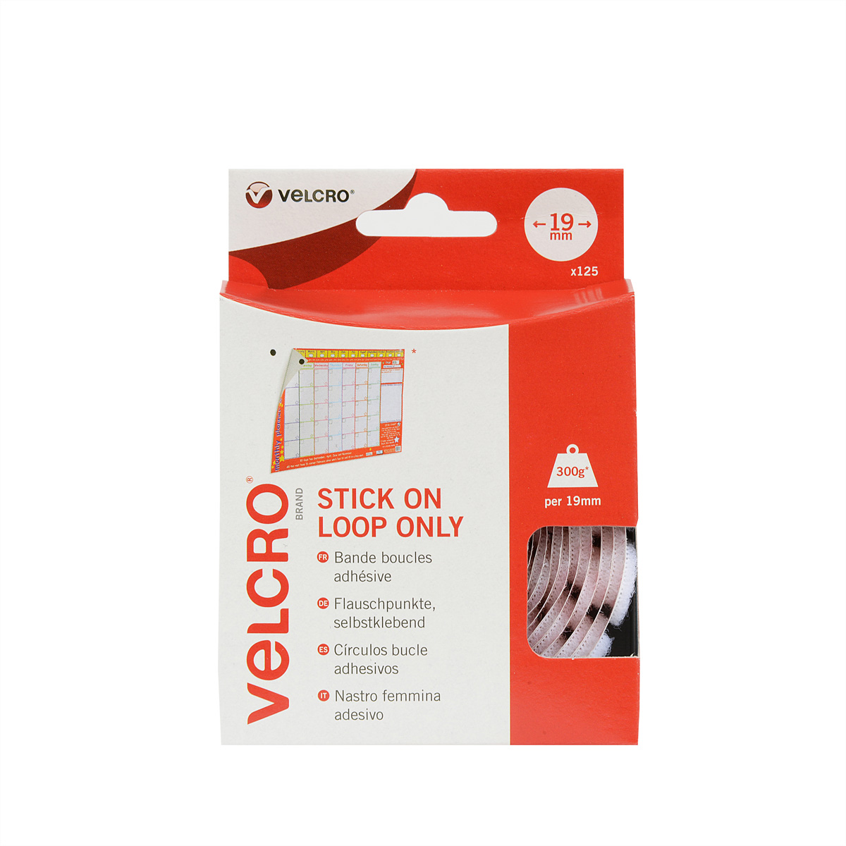Rot-weiße Velcro-Packung. Aufschrift: 'Stick On Loop Only'.